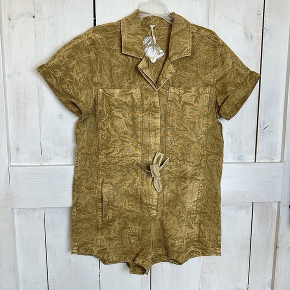 Free People Rhodes Chino Shorts Coverall‎ Sz XS Color Khaki Romper Linen Blend - Picture 2 of 8